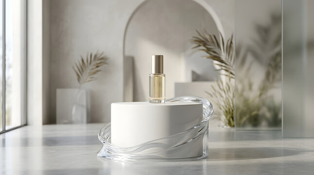 A clear glass perfume bottle labeled  AURA  rests on a white cylindrical pedestal with a transparent glass base  set against a softly lit background with dried palm fronds and architectural arches