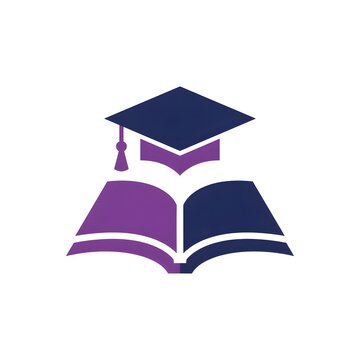 Educational graduation cap open book icon purple navy blue logo design for school brand.