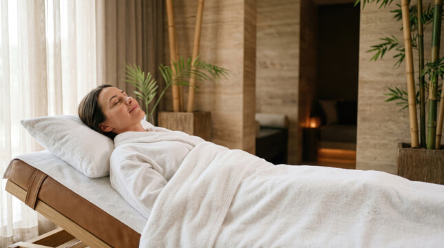 Relaxed woman resting at spa in white robe, embracing self love and wellness in serene indoor setting with natural wood and greenery.
