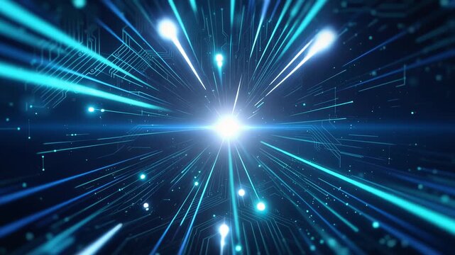 Radiant blue streaks race outward bright central point, immersive speed effect. optical , rapid transmission, technology intros, science visuals, energy sequences, travel futuristic transitions
