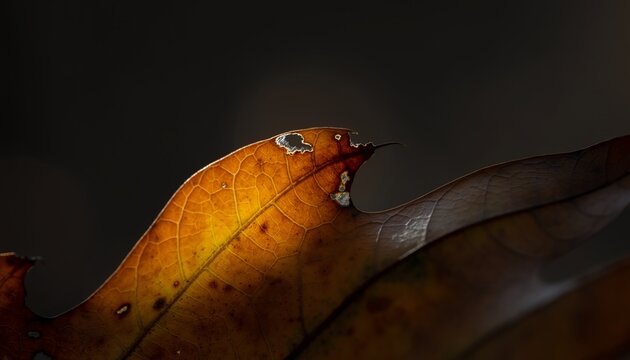 autumn dry brown leaf macro closeup with dramatic lighting for seasonal nature backgrounds or editorial design