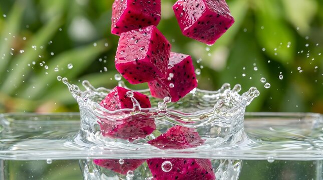 A vibrant and refreshing image of dragon fruit plunging into clear water creating a stunning splash