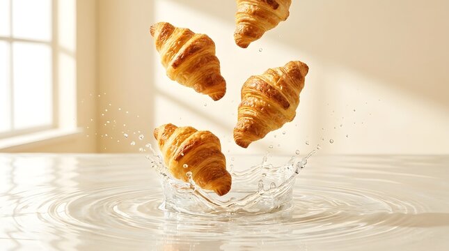 A delightful scene of golden flaky croissants dramatically falling into a splash of creamy white milk