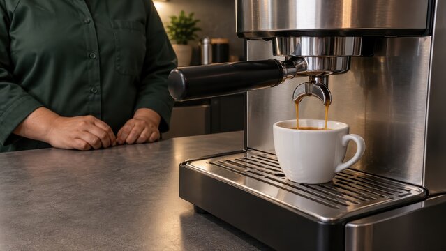 Serviced espresso portafilter pouring a small test coffee into a supported cup while the technician keeps both hands clear of the group head