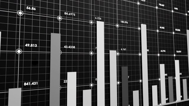 Abstract seamless 3D loop featuring rising and falling columns, white markers and floating numbers over a black grid. Minimalist visualization of statistics, financial reports and data technology.