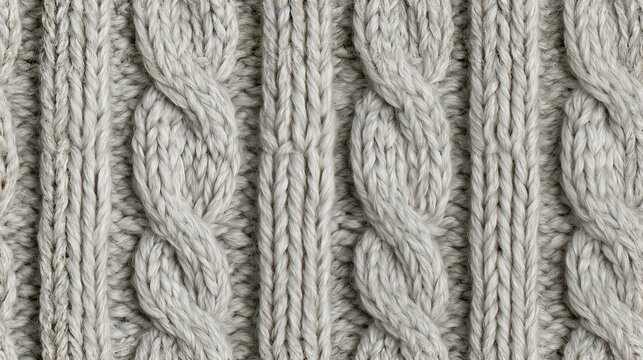 Light grey heather cable knit texture with braided cables and ribs, seamless pattern