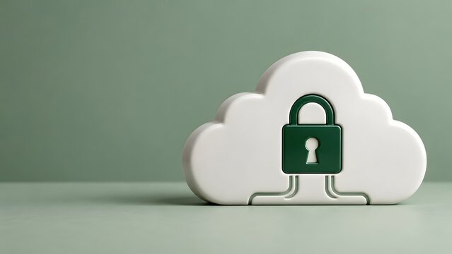 Minimalist 3D white cloud icon with a green padlock symbolizing secure cloud storage data privacy and network protection