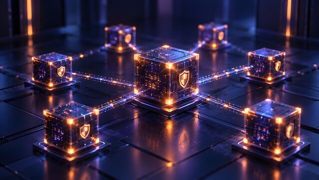 Futuristic glowing cubes with shield icons connected in a network representing blockchain technology and cybersecurity
