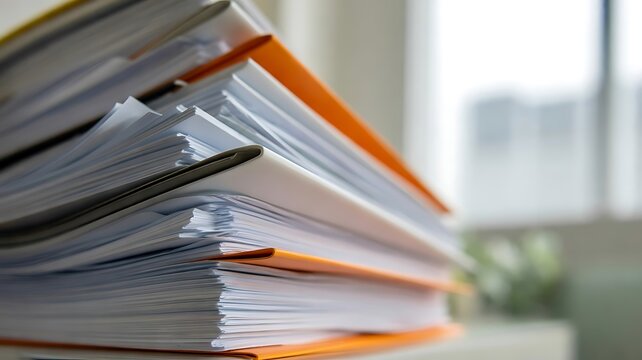 Close up of a stack of organized paper documents in orange folders on a desk representing administrative work, office organization, and filing systems