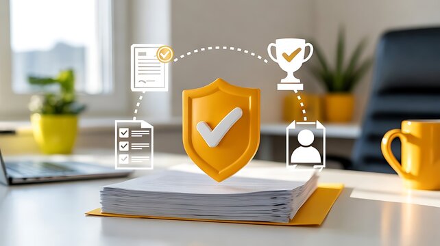 Corporate document security and business success concept with a golden shield checklist, and trophy symbol displayed over office paperwork