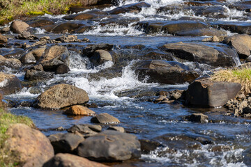 Clear water rushes between dark rocks and small cascades beside grassy banks on the approach to Studlagil in Jokuldalur, East Iceland, under bright summer sunlight. © Artem