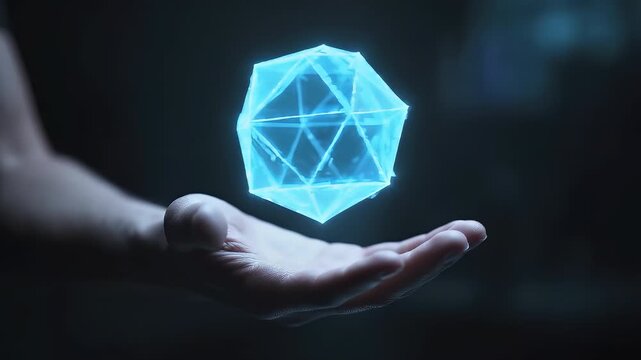 Futuristic hologram of a glowing geometric polyhedron levitating above an open hand in the dark