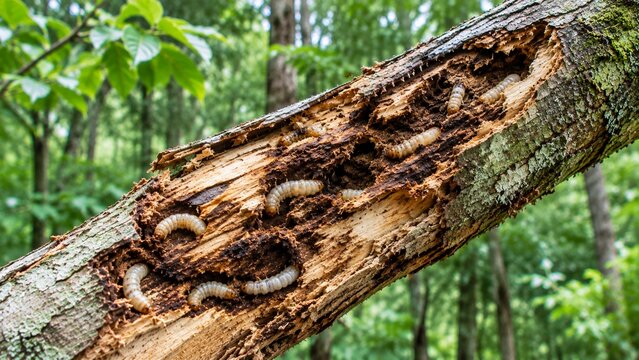 wood borer larvae eating decaying tree branch in forest