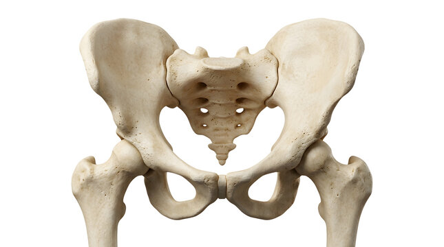 Detailed medical D rendering of the human pelvis skeletal structure, showing the wide iliac bones, central sacrum with dorsal foramina, pubic symphysis, and the upper segments of both femur bones