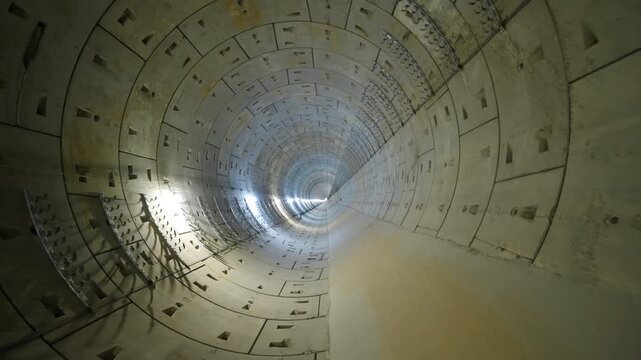 Round underground tunnel displays precast concrete lining block rings. Industrial infrastructure project highlights deep subway excavation.