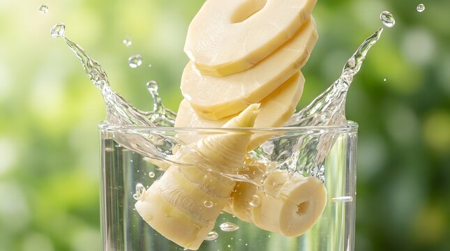 A vibrant and refreshing image of a peach slice dramatically splashing into a glass of cool