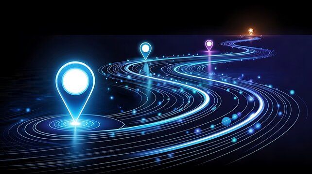 Futuristic digital path with multiple glowing location pins and light trails on dark background, for global navigation, and network connectivity