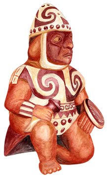 Pre-Columbian Moche ceramic warrior figure holding a club and shield with negative-resist decorated tunic, Peru circa 200-700 AD. Ancient Andean terracotta art. Artwork.