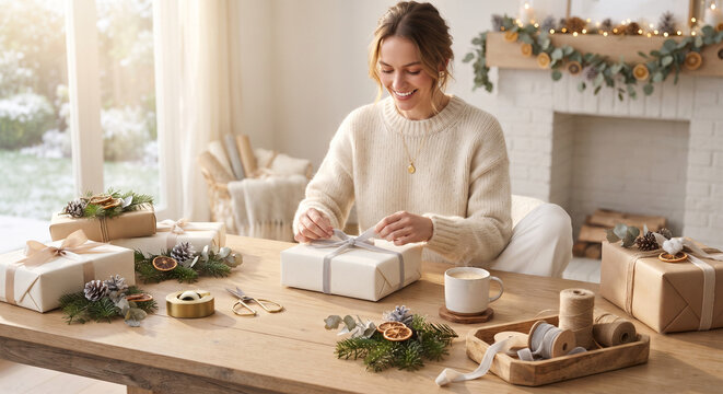 Smiling woman wrapping Christmas gifts with ribbon at wooden table