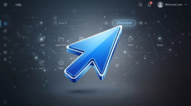 Blue 3D mouse cursor arrow with Click Here button on dark digital