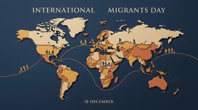 International migrants day concept with world map and silhouettes of people traveling on a dark blue background