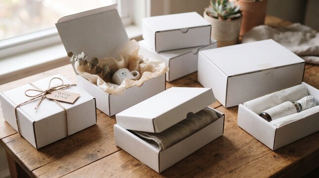 White packaging boxes with love tag on rustic wooden table for