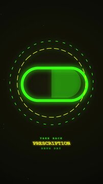 Glowing green prescription pill pulses across a futuristic medical neon screen, ideal for pharma promotions, wellness content, and health care tech campaigns.