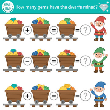 Educational math puzzle worksheet for kids featuring cute cartoon characters mine carts filled with colorful gems and simple addition equations