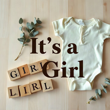 Its a Girl baby announcement flat lay with wooden alphabet blocks and onesie on pine wood
