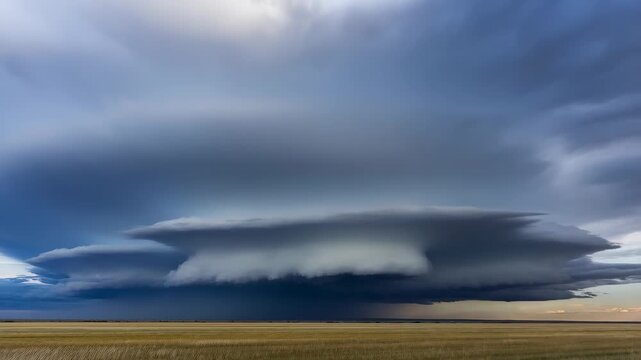 60 FPS Rotating supercell thunderstorm with layered shelf cloud advancing over open prairie