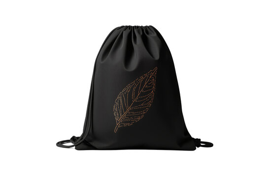 Black drawstring cinch sack mockup with leaf embroidery