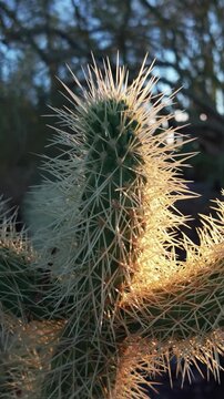 Backlit teddy bear cholla cactus with glowing golden spines and sun flare