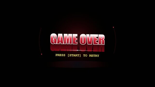 Retro arcade game over screen with glowing red text. 4K