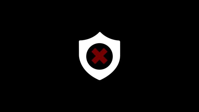 Animated security shield icon appearing with red cross mark error badge on black background. Motion graphic for access denied, security alert, threat blocked, and failed protection UI.
