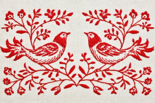 Traditional Russian folk embroidery with two symmetrical red birds, flowering branches, leaves, and ornamental blossoms on natural linen textile