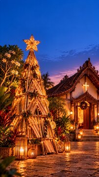 Handcrafted Bamboo Christmas Tree in a Traditional Javanese Style Chapel Courtyard at Twilight