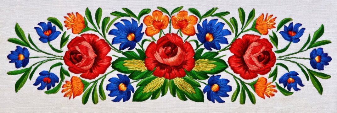 Colorful embroidered floral bouquet with red roses, blue flowers, orange blossoms, green leaves, and symmetrical folk ornament on white textile