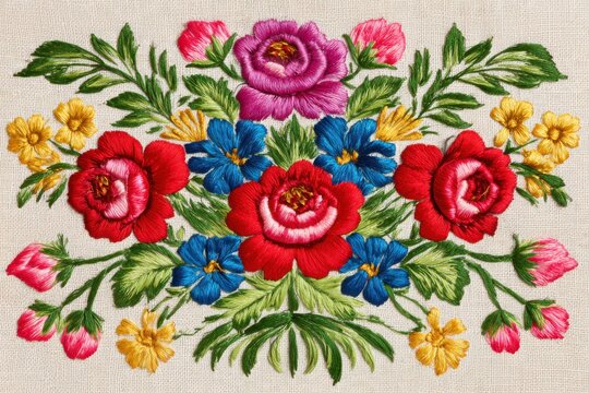Elaborate folk inspired floral embroidery with red roses, blue flowers, yellow blossoms, pink buds and green foliage in a symmetrical stitched textile design