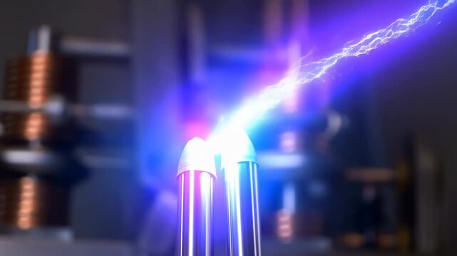 60 FPS Electric arc discharge between twin metal electrodes with blue plasma sparks in lab