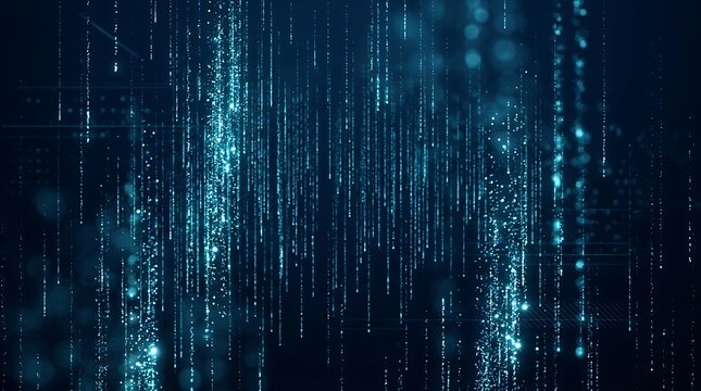 Matrix digital rain with vertical glowing blue data streams.