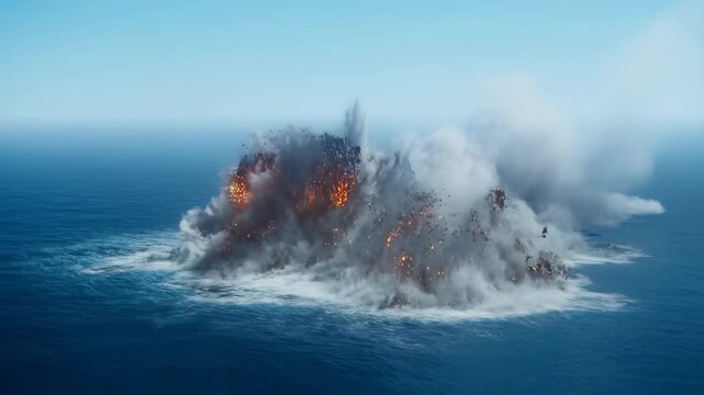 Aerial ocean explosion with fireball smoke plume and shockwave spray expanding 60 FPS