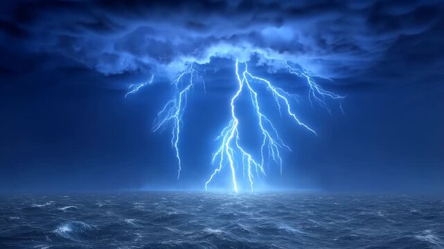60 FPS Lightning bolts erupt from storm clouds over rough ocean with bright flash and rain shafts