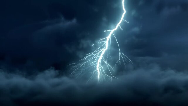 60 FPS Lightning bolt branches through dark storm clouds with brief flash illumination