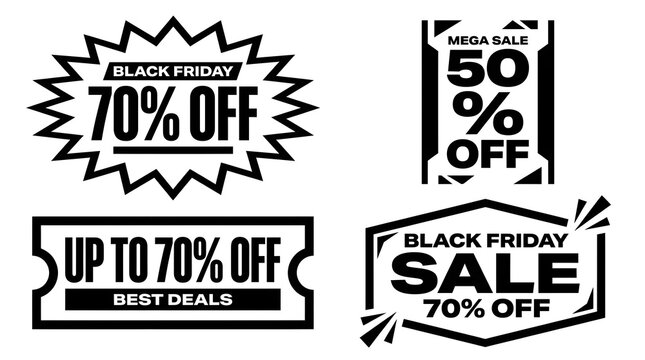 Black Friday Sale Discount Badges and 70% Off Promotional Labels Vector Bundle