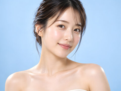 淡いブルー背景に映える美肌と艶やかな素肌の女性 肩とデコルテを見せた清潔感のある装いと自然な微笑みが魅力のスキンケア美容ポートレート