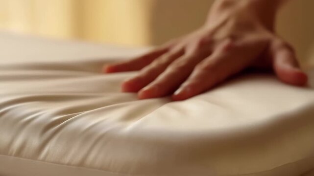 Close up hand pressing and smoothing white pillow on bed in warm light 60fps