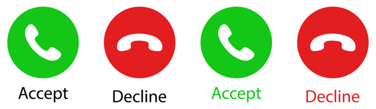 Phone call icon accept and decline. Accept and reject call symbols for mobile apps. Phone, call, accept, decline, telephone icons for incoming call buttons, mobile communication. Vector illustration