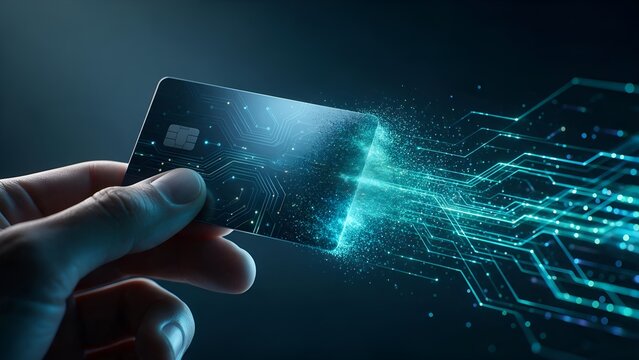 Human hand holding dark futuristic credit card dissolving into glowing digital circuit traces and cyber particles during online transaction with vivid blue tones