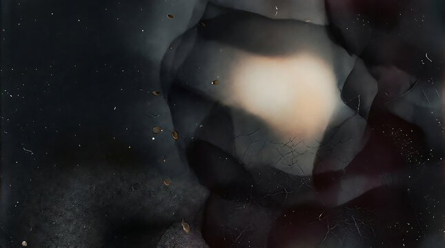 Abstract dark liquid emulsion background with glowing light and floating particles.
