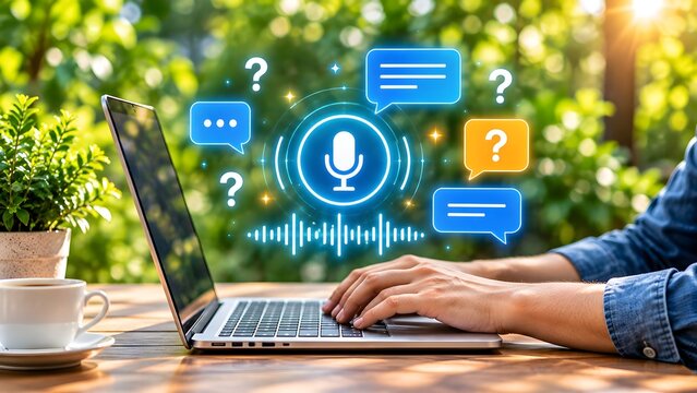 Person typing on laptop outdoors with glowing floating voice recognition and chatbot communication icons hovering above keyboard.